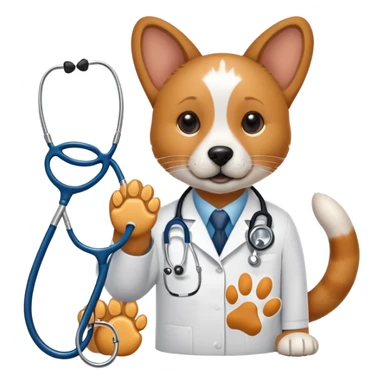 An icon featuring a stethoscope, a microscope, and an animal paw print, symbolizing veterinary science. The design includes a dog and a cat in the background, representing animal health research, diagnostics, and treatments. Transparent background highlights the scientific study of animal care. sticker