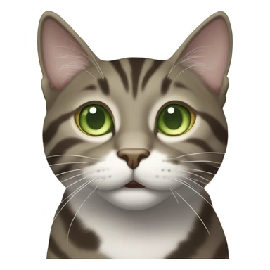Brown-grey mackerel tabby cat with partially white face and green eyes he looks happy and does not have a round face or yellow eyes sticker