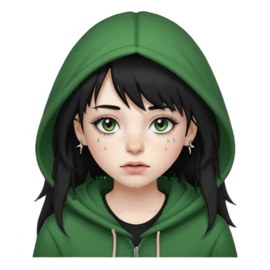 girl with black long layered hair with wispy bangs, pale skin, black t shirt, freckles on nose, dark nude colored lipliner, fluffy lashes, green hooded eyes, black spiky septum ring, eyebrow piercing, blush, thin black eyebrows. sticker