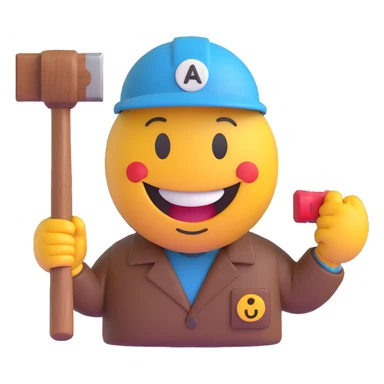3D smiley emoji, round shape, carpenter: holding hammer, wearing work clothes, with the text "Ács" on it sticker