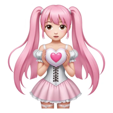 girl with very long light pink straight hair in pigtails and bangs, dark brown eyes, wearing an only white corset dress holding a big light pink heart with both hands sticker