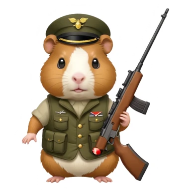 guinea pig dressed in military vest, holding a rifle, no hat sticker
