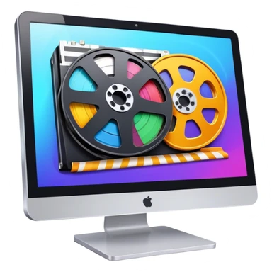 a vibrant and modern icon representing Animation and Motion Design, featuring elements like a film reel, a computer screen displaying animation, dynamic motion lines, and a cinematographic film strip on an editing table. colorful, and dynamic, without any emojis. The background  transparent. sticker