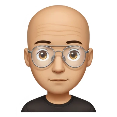Latino man with small oval face and big forehead, clear lens aviator-style eyeglasses with metal frames, completely bald/shaved sides with very short curly dark hair only on top of head, neutral-friendly expression, light brown skin, wearing a black t-shirt sticker
