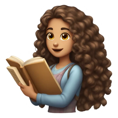 girl with long curly brown hair, fair skin, two moles on her right cheek, brown eyes, holds a book in her hands and reads sticker