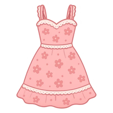 frilly lacey floral pink summer sundress, flat vector sticker