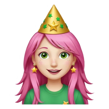 A girl with long pink hair and green eyes with long eyelashes and a smiley face. She has freckles and a lit of bit of pink lipstick on her mouth, she’s also got a full gold birthday party hat on her head with gold pom poms on top of it, and her T-shirt is all red, she wore gold star earrings  sticker