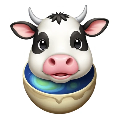A playful cow-Saturn hybrid with the cow's head on top of the ringed planet, udders visible underneath, and legs sticking out from the sides sticker