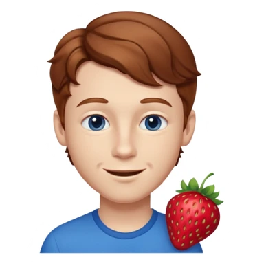 Please generate a portrait of a boy. He has wavy, light brown to reddish-brown hair, a right side parting, longer sideburns, blue eyes, a snub nose, and a somewhat pronounced, strawberry-red pout. He is smiling. sticker
