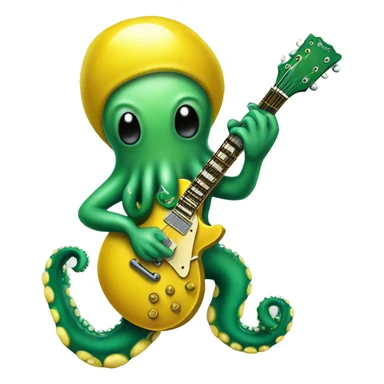 A cute green octopus holding a "les paul" yellow guitar and playing hard rock sticker