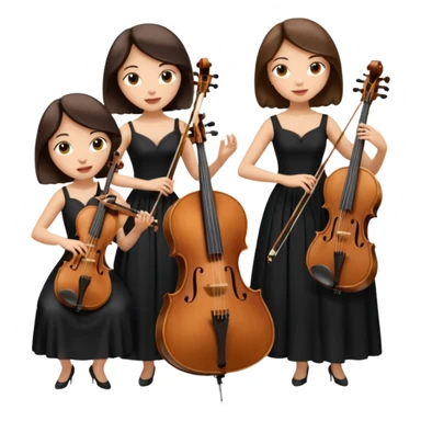 Create an imagine of three brunette women playing string instruments in black dresses, the first is playing a cello, the second is playing a viola and the third is playing the violin sticker