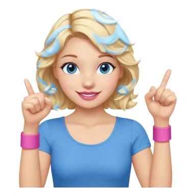 Girl Blonde short wavy hair,  blue eyes, cute blue top, long lashes, pink lips, smiling, fist bump sticker