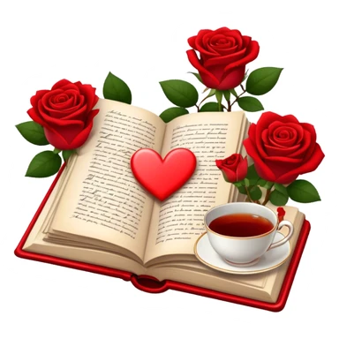 Icon for Romance Reading: an open book with a heart-shaped bookmark, surrounded by roses, a love letter, and a cup of tea. The icon should evoke the warmth, passion, and emotional depth of a love story. Transparent background sticker