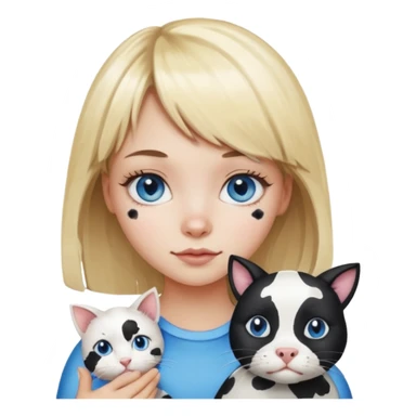 Cute cat black and white stain like a cow in the arms of a blond girl with bangs and blue eyes sticker