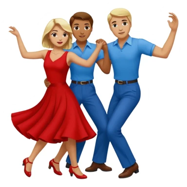 Two people. Man wearing all  RED with brown hair. Women  ALL blue with blond hair. Swing Dancing.  sticker