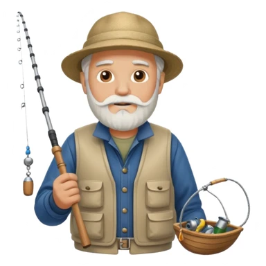 an old white haired, bearded man in fisherman attire, stood in a boat at sea, holding a fishing rod and catching fish with it. sticker