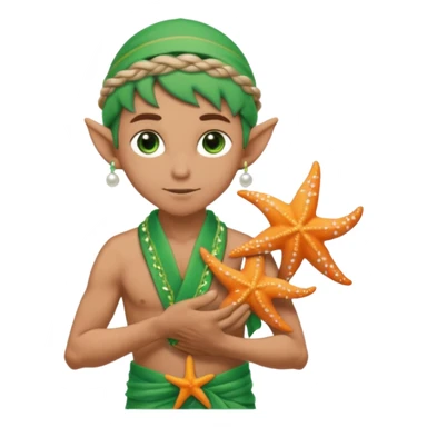 elf male Sarong with bioluminescent embroidery, armful of starfish, hair in a braid with pearl pins. sticker