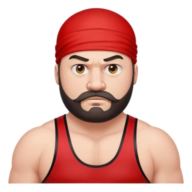 Close-up of extremely fat white skin guy with young face, beard and mustache, no muscle with prominent black durag, black eyes in a red and black wrestling singlet with angry face sticker
