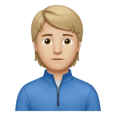 boy with dark blonde hair in a mullet with a neat blue shirt and quarter zip sticker