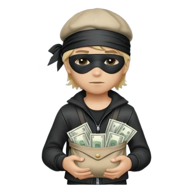A blonded hair boy, blindfolded, hat and thief's clothes, with a bag of money in his lap. sticker