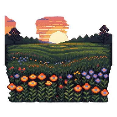 sunset over a meadow with flowers sticker