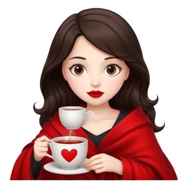 Long wavy dark brown haired, white skinned, dark big eyed girl with red lipstick wrapped in a red blanket, sipping tea and reading a book sticker