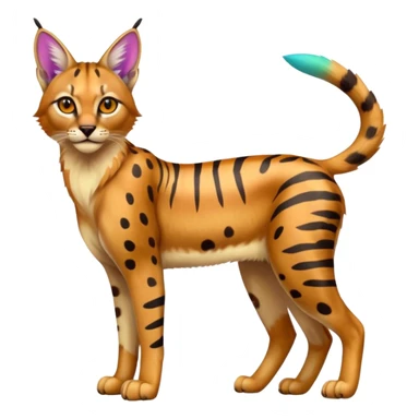 Colorful cartoon bright shiny vibrant iridescent neon tropical exotic anime Striped and spotted Lynx-Caracal-Serval-hybrid full body sticker