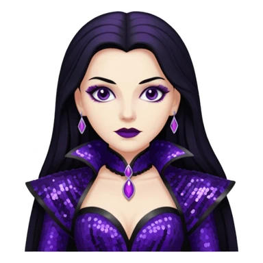 Countess Dracula from Universal Monsters with long jet black hair, dark purple sequin outfit  sticker