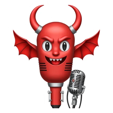 Minimalist emoji-style sticker of a classic retro microphone with small devil horns and a subtle tail wrapping the base. Grayscale with slight red accents.
 sticker