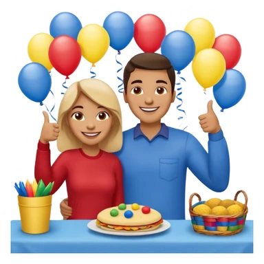 party table decorated with red blue and yellow colors, including a backdrops, balloons arch, streamers and more. On the table are intricate displays of colombian arepas, and baskets of money. In the forefront is a woman and man in simple clothing, big smiles and big thumbs up sticker