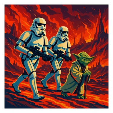 vector art of a Starwars stormtroopers is walking on lava planet with yoda, battleground background 
 sticker