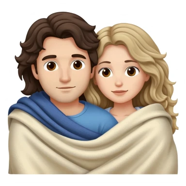 Man with dark brown wavy hair and one woman with long dark blond wavy hair in bed cuddling with blanket sticker