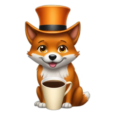 A dog looking like a fox drinking coffee wearing a high hat sticker