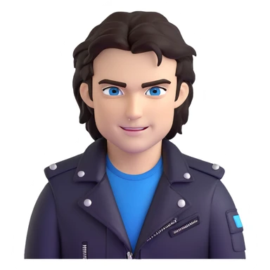 Damon Salvatore as a vampire with dark tousled hair, blue eyes, fangs, signature smirk, leather jacket, confident vibe sticker