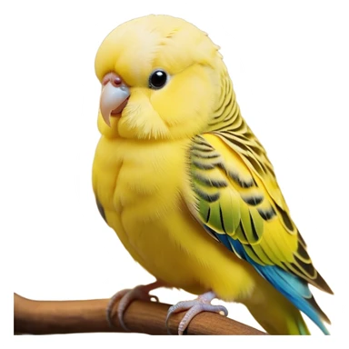 Cinematic Noble Yellow Budgie Portrait Emoji, Poised and regal, with a petite, delicate build and a smooth, well-groomed fur of brilliant yellow feathers, deep-set soulful dark eyes, Simplified yet sharp and sophisticated features, highly detailed, glowing with a soft, dignified glow, high shine, intelligent and charming, stylized with an air of elegance, focused and attentive, soft glowing outline, capturing the essence of a watchful and confident avian companion, so majestic it feels as though it could flutter out of the screen with effortless authority! sticker