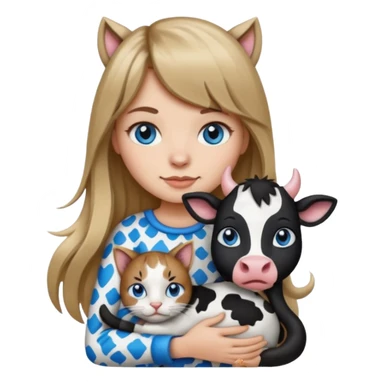Apple-style emoji sticker of a young woman with long dark blond hair and bang, blue eyes , holding a cat black and white like a cow patch on her chest.  sticker