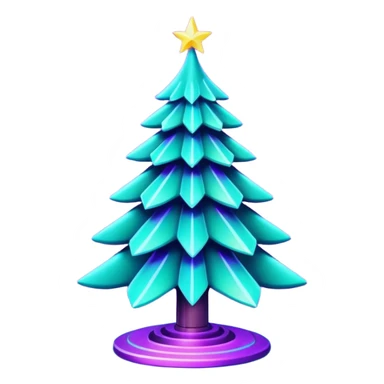 Futuristic glowing Christmas tree emoji with neon decorations, purple and cyan holographic glow, dark background, festive sparkles, no face. sticker