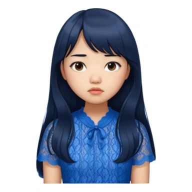 Long hair asian girl with curtain bangs with a blue lace top on with sad expression sticker