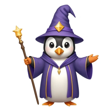 penguin wearing wizard hat and robe holding a magic wand sticker