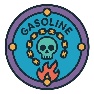 circular motorcycle gas cap design, transparent background, text 'GASOLINE', motif: skull, chain, flame, cool style sticker