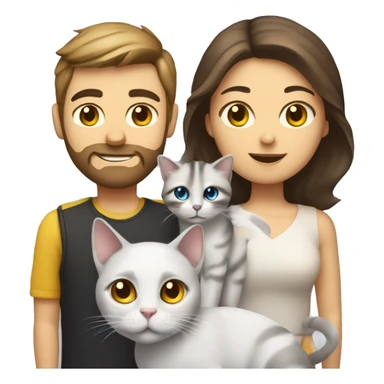 Family emoji: 1 man with brow eyes brown hair and brown beard,1  woman with blue eyes and brow hair, a black and white cat with yellow eyes and is a car with red gray and white color and yellow eyes sticker