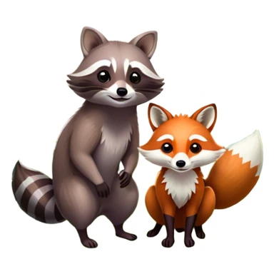 raccoon and a fox among a colorful forest with vibrant green trees, bushes and flowers. The animals are in the foreground, surrounded by a lush, bright forest, with soft sunlight filtering through the leaves. A playful photo-realistic and wild scene with a transparent background. sticker