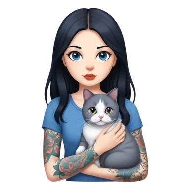 Cool girl with long black hair and tattoos holding a british shorthair blue white cat sticker
