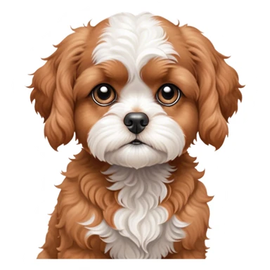 Cinematic Meme-Worthy Grumpy Apricot Cavoodle Portrait Emoji, Head held high but eyes filled with dramatic disappointment, smooth, curly apricot fur with striking white patches, deeply furrowed brow forming an unmistakable scowl, floppy ears slightly angled back in disapproval, piercing brown eyes glaring with pure exasperation, Simplified yet hilariously over-exaggerated features, highly detailed, glowing with an aura of supreme annoyance, high shine, exhausted yet judgmental, stylized with an almost regal pettiness, bright but brooding, soft glowing outline, capturing the essence of a companion that has seen it all and is thoroughly unimpressed, so meme-worthy it feels like it could instantly become the next viral sensation of grumpiness! sticker