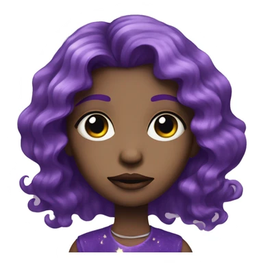 a girl with purple long wavy hair, with an inverted moon pattern on her forehead and glitter under her eyes sticker