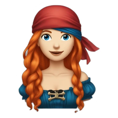 Woman long red platted hair hair only on one side of head, pirate hat. One side of head has no hair. Blue eyes. skull and crossbones t shirt sticker