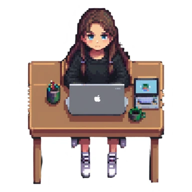 girl sitting at a desk with a MacBook, face partially hidden, cozy workspace, pixel art style sticker