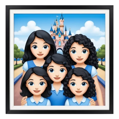 escribe el nombre Disneyland Paris y para titulo, pon a quatro chicas: una pelo corto negro, una pelo rizado largo, una pelo largo liso y la otra pelo ondulado mediano, esta con el ojos azules. Haz un cuadrado rectangular grande en grande blanco y por los lados pon a las chicas que te he descrito sticker