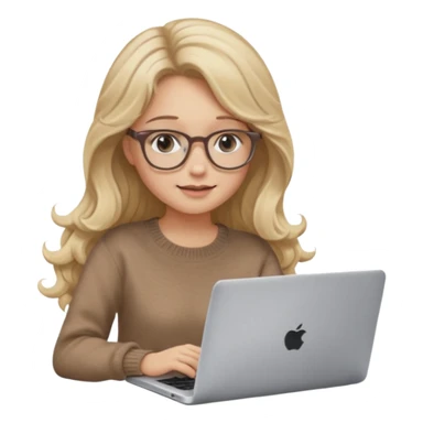 blonde girl with long dark blonde wavy hair, pantos-style glasses, a brown sweater, sitting with a laptop, looking in laptop, soft pastel, upper body shot sticker