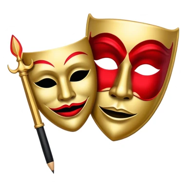 Create a bold and dramatic emoji representing the art of playwriting. The design should feature an open script or a theater playbook, with stylized text lines or dramatic dialogue inside. Include elements like a theatrical comedy and tragedy masks, a stage spotlight, or a writting quill to symbolize creativity and performance. Use deep, contrasting colors like red, black, and gold to evoke the intensity and passion of drama. The overall design should feel dramatic, inspiring, and artistic. Make the background transparent. sticker
